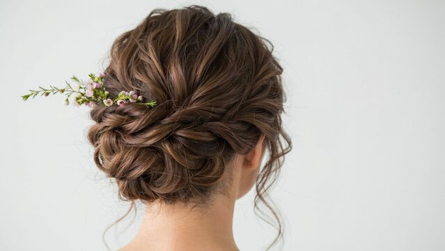Elegant bridal updo hairstyle with delicate flowers on a woman against white background