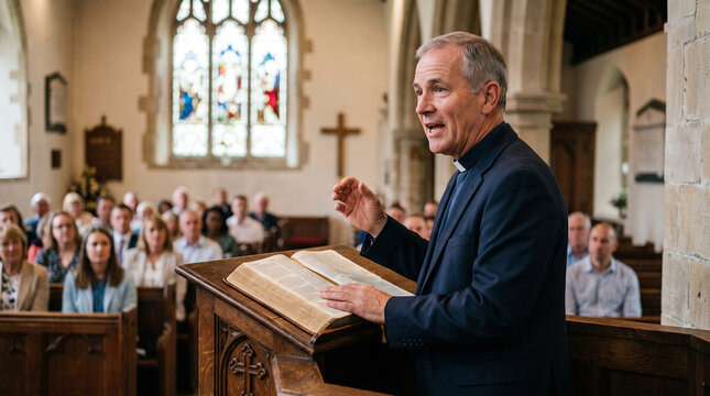 Reverend delivering sermon from pulpit to congregation in traditional church setting