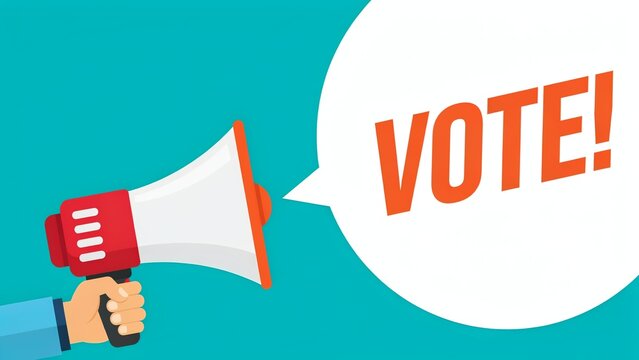 Hand holding megaphone with speech bubble saying VOTE for election campaign announcement