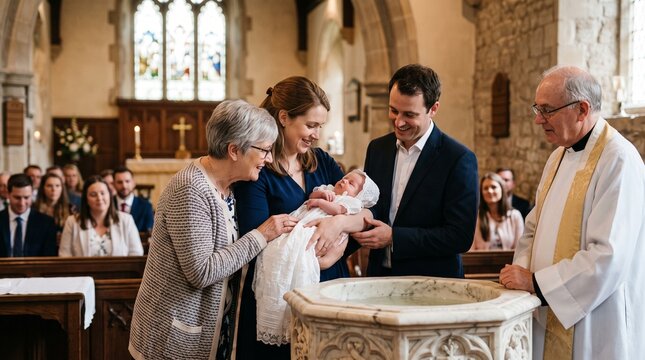Family celebrates baby baptism ceremony in church with priest and guests