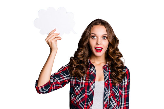 Portrait of her she nice cute sweet attractive lovely glamorous charming pretty cheerful wavy-haired lady holding thought form figure shape isolated over gray pastel background