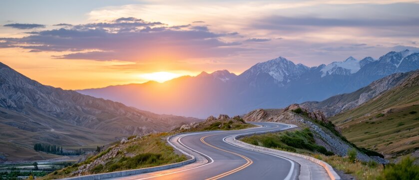 Winding mountain road overlooking dramatic peaks and a peaceful valley at golden sunset, creating a cinematic landscape symbolizing freedom, adventure and travel.