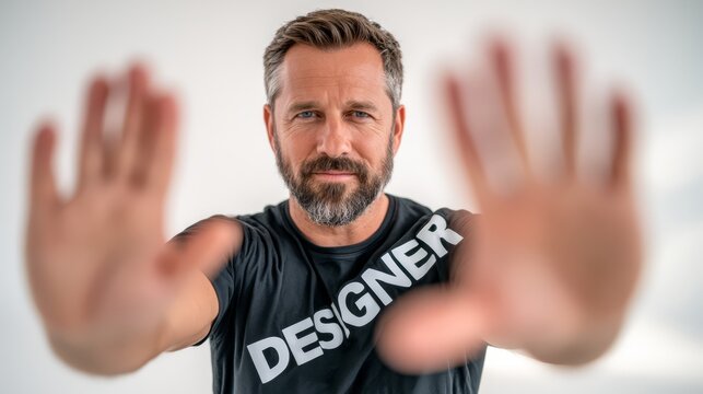 Bearded male designer photographed in a minimalist black and white studio portrait, conveying creativity, professionalism, confidence and contemporary visual identity.