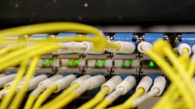 Fiber Optic Patch Panel SC Connectors Green LEDs Slow Pan 4K