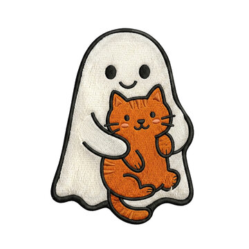 Font specimen cute ghost hugging orange cat embroidered patch as isolated element