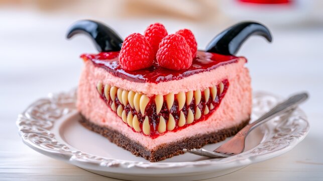 Creative pink raspberry cheesecake decorated with sharp edible teeth, glossy red topping and black horn-like decorations, creating a playful spooky Halloween dessert concept.
