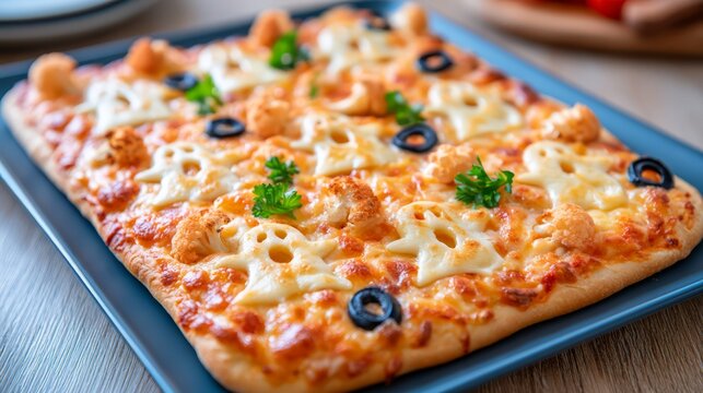 Creative rectangular pizza topped with melted cheese, cauliflower, black olives and fresh parsley, combining savory comfort food with a playful Halloween-inspired design.