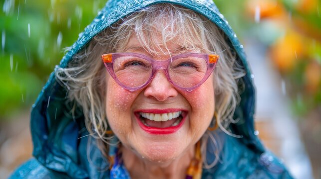 Smiling senior woman wearing colorful glasses and a turquoise raincoat outdoors, representing positive aging, confidence, active lifestyle and happiness in nature.