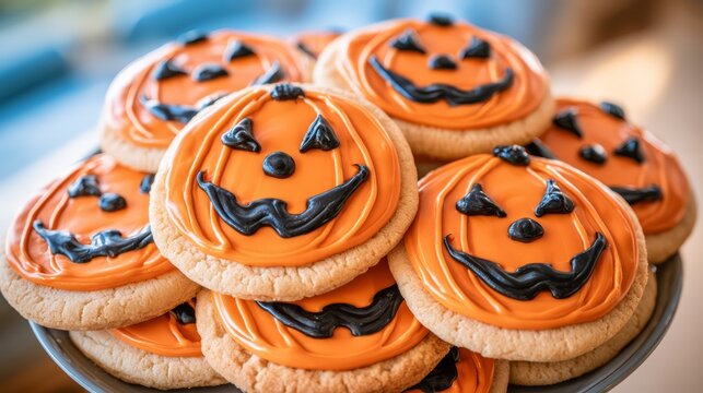 Decorated Halloween sugar cookies featuring cheerful pumpkin faces with orange icing and black details, arranged together as a festive seasonal dessert display.
