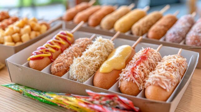 Assorted Korean corn dogs served in boxes with cheese, potato coatings, ketchup and mustard, presenting a colorful street food selection popular for casual snacking.