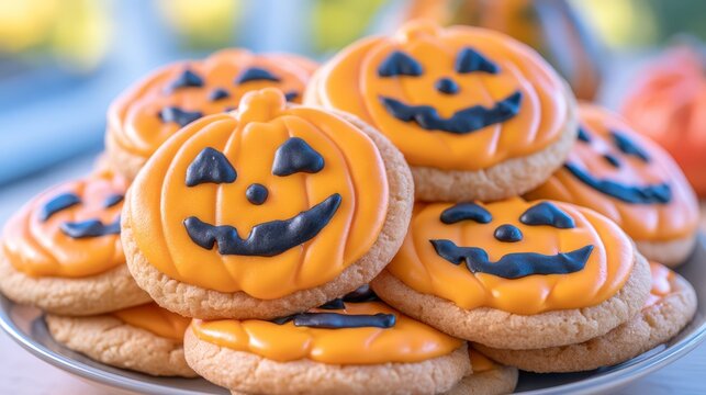 Decorated Halloween sugar cookies featuring cheerful pumpkin faces with orange icing and black details, arranged together as a festive seasonal dessert display.