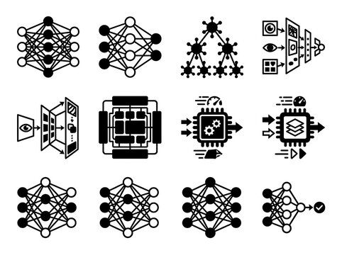 Neural network and ai technology icons set