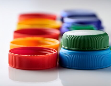 colorful plastic bottle caps arranged in rows on white background