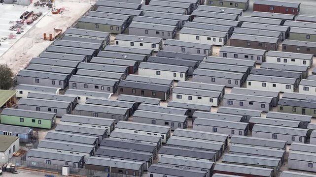 Aerial view of a prefabricated modular housing camp