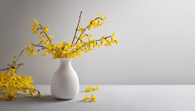 white ceramic vase with forsythia sprig on light gray background cool spring minimalist still life decor