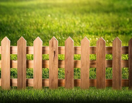 wooden picket fence in a green grass meadow garden landscape with boundary