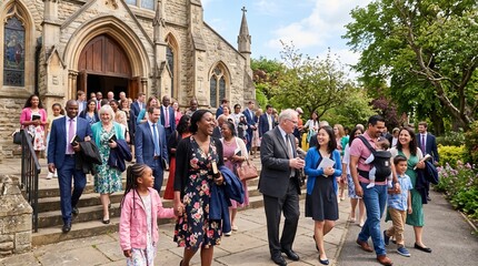 Naklejka premium Diverse group of people leaving church building on a sunny day