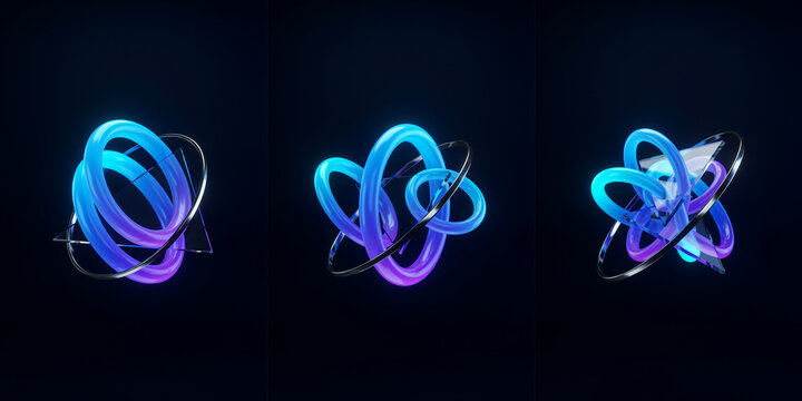 Three vertical panels featuring interlocking glowing blue and purple rings with metallic