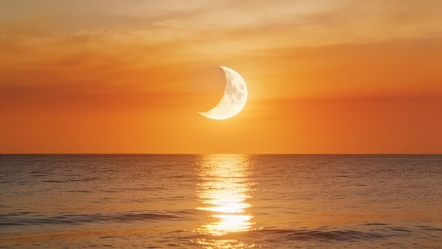 photograph capturing a partial solar eclipse over a vast ocean. The image is composed with the horizon line dividing the frame into two sections: the sky and the sea. 