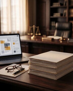 A stack of professional documents with a laptop displaying workflow software on a desk