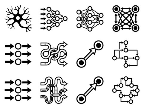 Neural network and data flow diagram icons set
