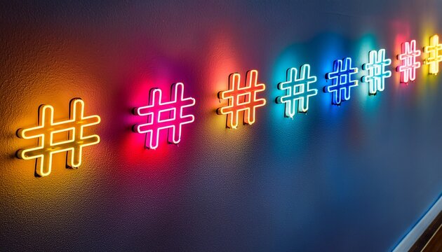 a close up shot of colorful illuminated hashtag signs arranged in a row on a wall indoors