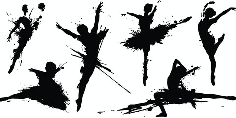 Collection of artistic black ink splatter silhouettes of ballerinas in various dance poses, isolated on a white background, dance performance © jarif69