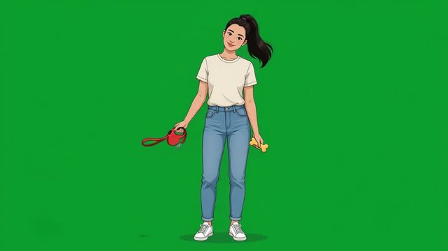 Young woman in casual attire holding a dog leash and bone, ready for a walk.
