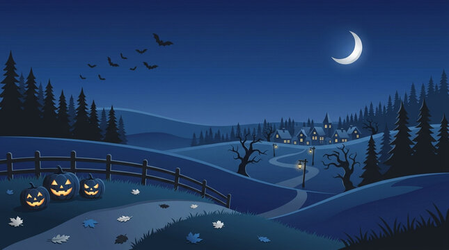 Spooky halloween night landscape featuring glowing jack o lanterns under a crescent moon in a dark forest