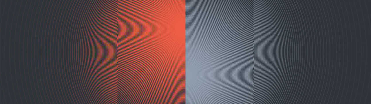 Hypnotic geometric halftone texture divided into terracotta, and grey zones, ultrawide structured optical transition of fine spiral vectors, technical layout with contrasting striped fields