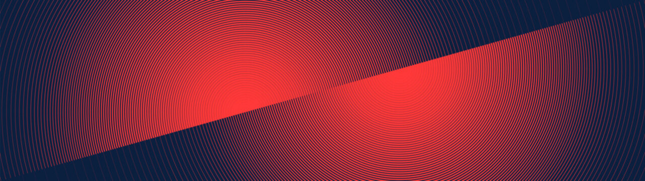 Split navy background introduces a sharp diagonal transition of vibrant crimson circular strokes, Abstract intense optical geometric halftone texture with symmetrical overlapping striped radar wave