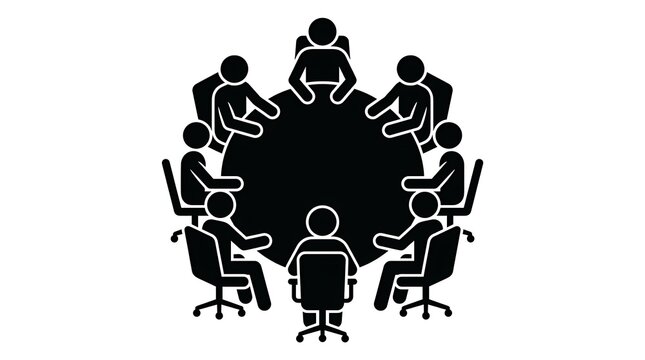 Black silhouette icon of a group of people sitting around a circular table for a business meeting
