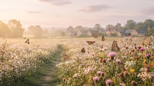 Butterflies flying over wildflower meadow path toward distant countryside village at golden hour 3D illustration