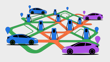 Naklejka premium Electric vehicle charging station network map, EV smart city infrastructure vector, eco friendly transport navigation system