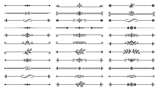 Vintage decorative dividers set, 36 elegant floral line borders, ornamental calligraphic flourishes for wedding invitations and book design