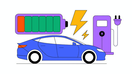 Naklejka premium Electric car charging concept vector, blue EV sedan with battery life indicator, purple charging station with lightning bolt icon