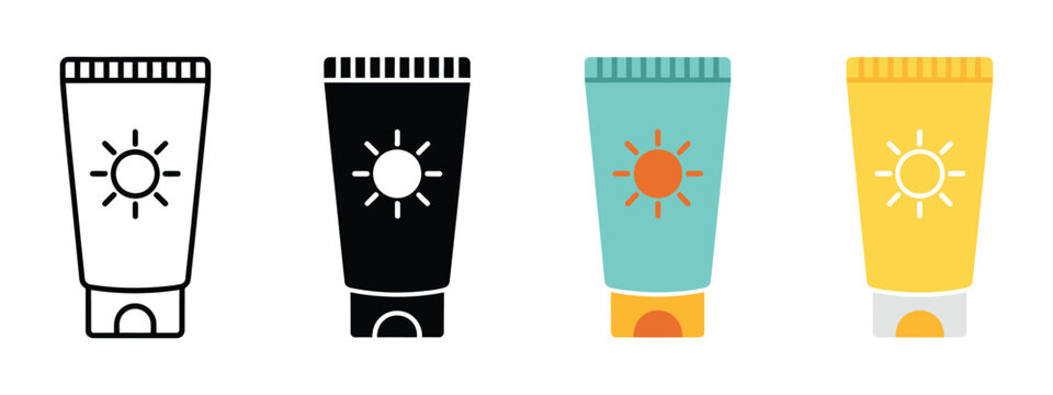 Sunscreen tube icon set featuring outline glyph and colorful styles for summer skincare sun protection and beach care vector illustration
