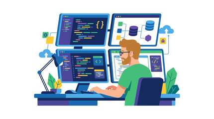 Fototapeta premium Software Developer Working on Multiple Computer Screens Illustration
