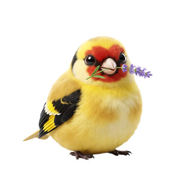 European goldfinch with lavender sprig in beak, colorful songbird on white background, cute yellow finch bird portrait