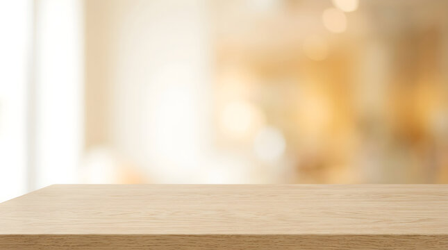 Empty light wooden table top with a blurred bright interior background, perfect for product display, mockups, or minimalist design presentations