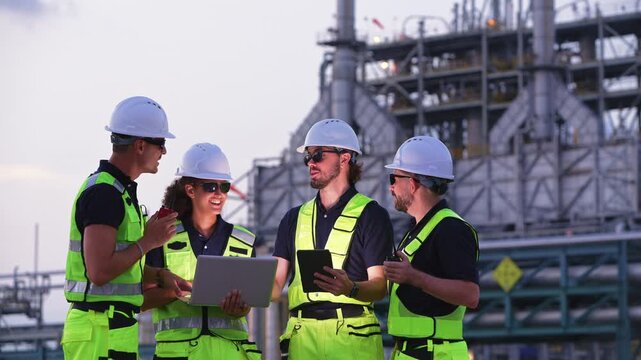 Industrial engineers inspecting an oil and gas refinery, reviewing plant operations and discussing maintenance, safety and energy infrastructure, refinery plant industry factory, Petrochemical plant.