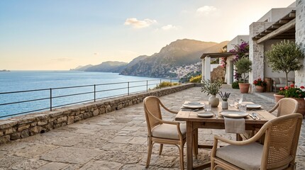 Fototapeta premium Elegant outdoor dining terrace overlooking a calm blue sea and distant mountains, designed as a premium hospitality, travel and luxury resort background.