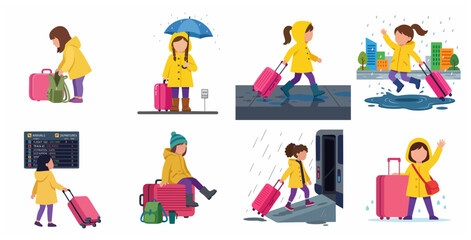 Fototapeta premium Set of illustrations of a little girl in a yellow raincoat traveling with a pink suitcase in rainy weather