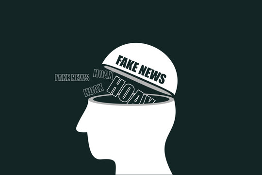 Human head silhouette filled with fake news and hoax text. Conceptual vector illustration for disinformation and propaganda concept.
