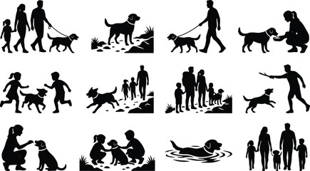 Fototapeta premium Black silhouettes of families and children walking, playing, and interacting with their pet dog on a white background, set