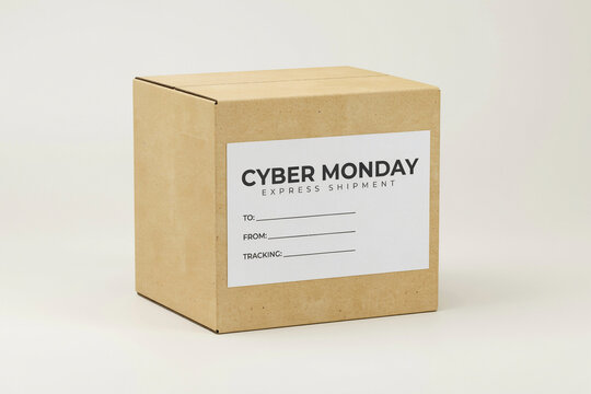 Cyber Monday express shipment cardboard box, brown parcel with shipping label, e-commerce delivery package on white background