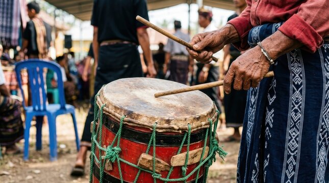 Traditional Indonesian Musician Playing a Gendang Drum During a Cultural Ceremony in a Village Setting