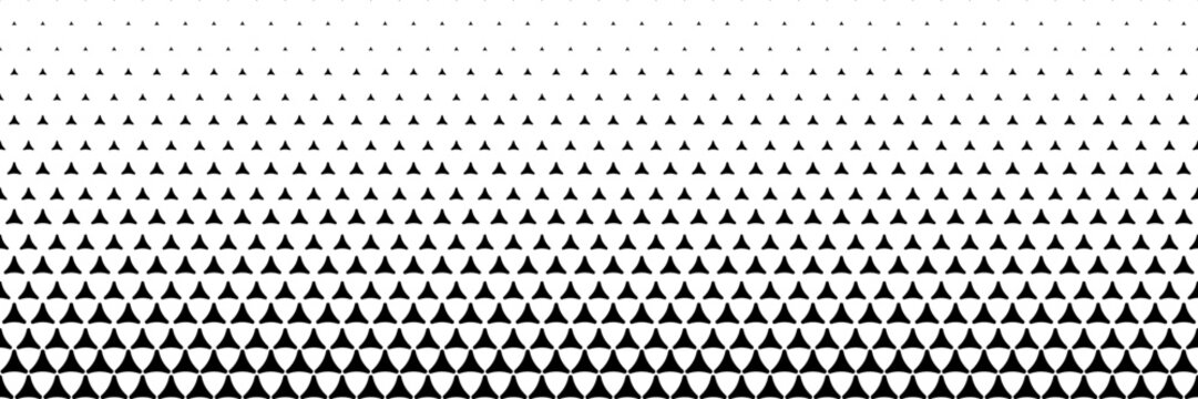 horizontal halftone of curved black triangle on white for pattern and background.