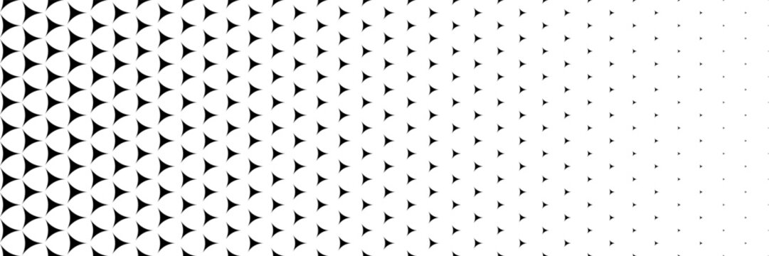horizontal halftone of sharp black triangle on white for pattern and background.
