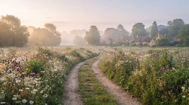 Winding dirt path through misty wildflower meadow leading to countryside village at sunrise 3D illustration